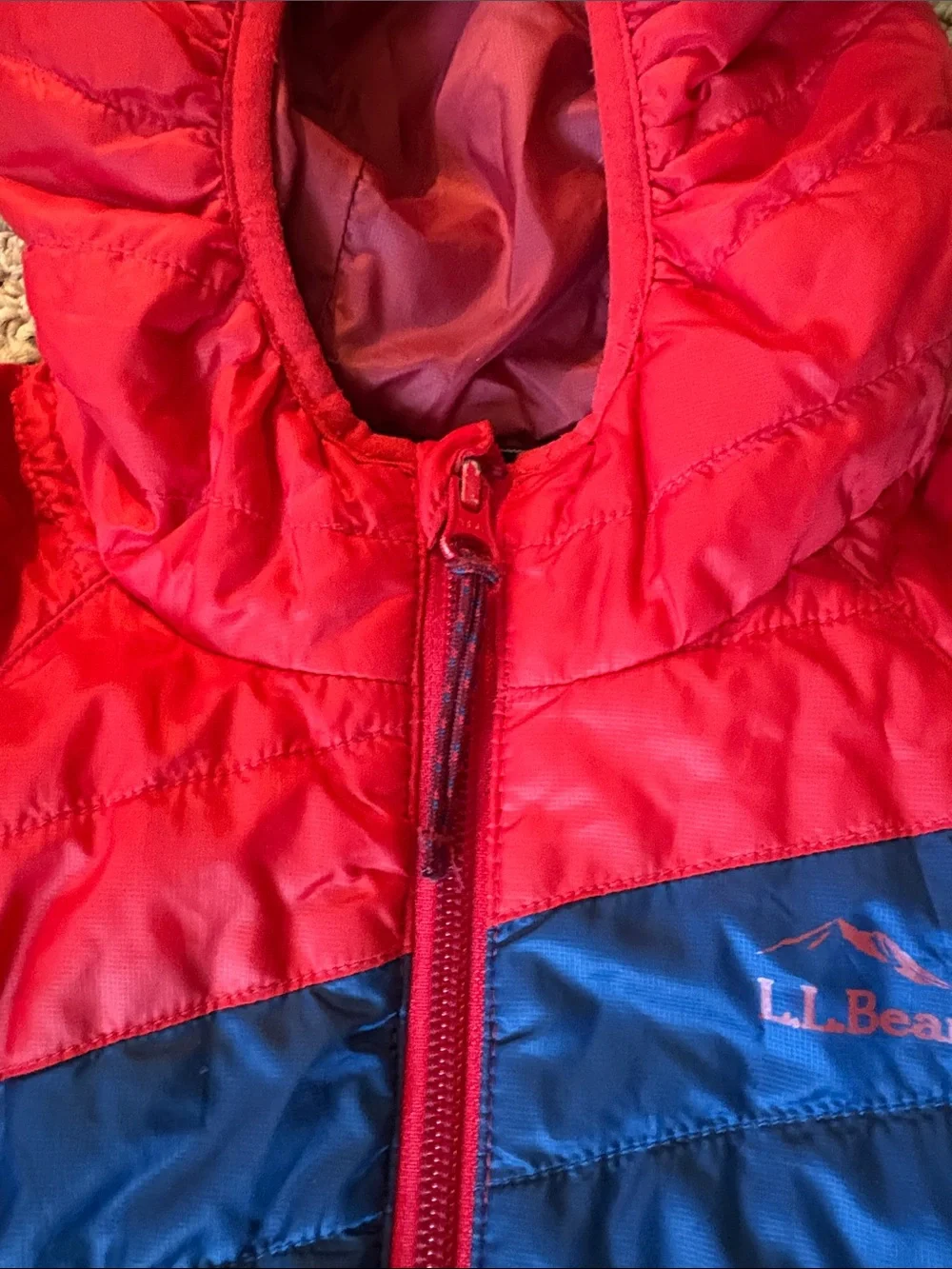 L.L. Bean Red Quilted Hooded Jacket with Navy and Burgundy Stripes